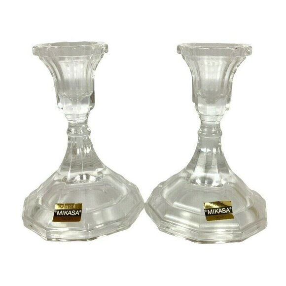 Mikasa Strasbourg Candlestick Pair Clear Crystal Original Box Japan RPW04/339 - Picture 2 of 5